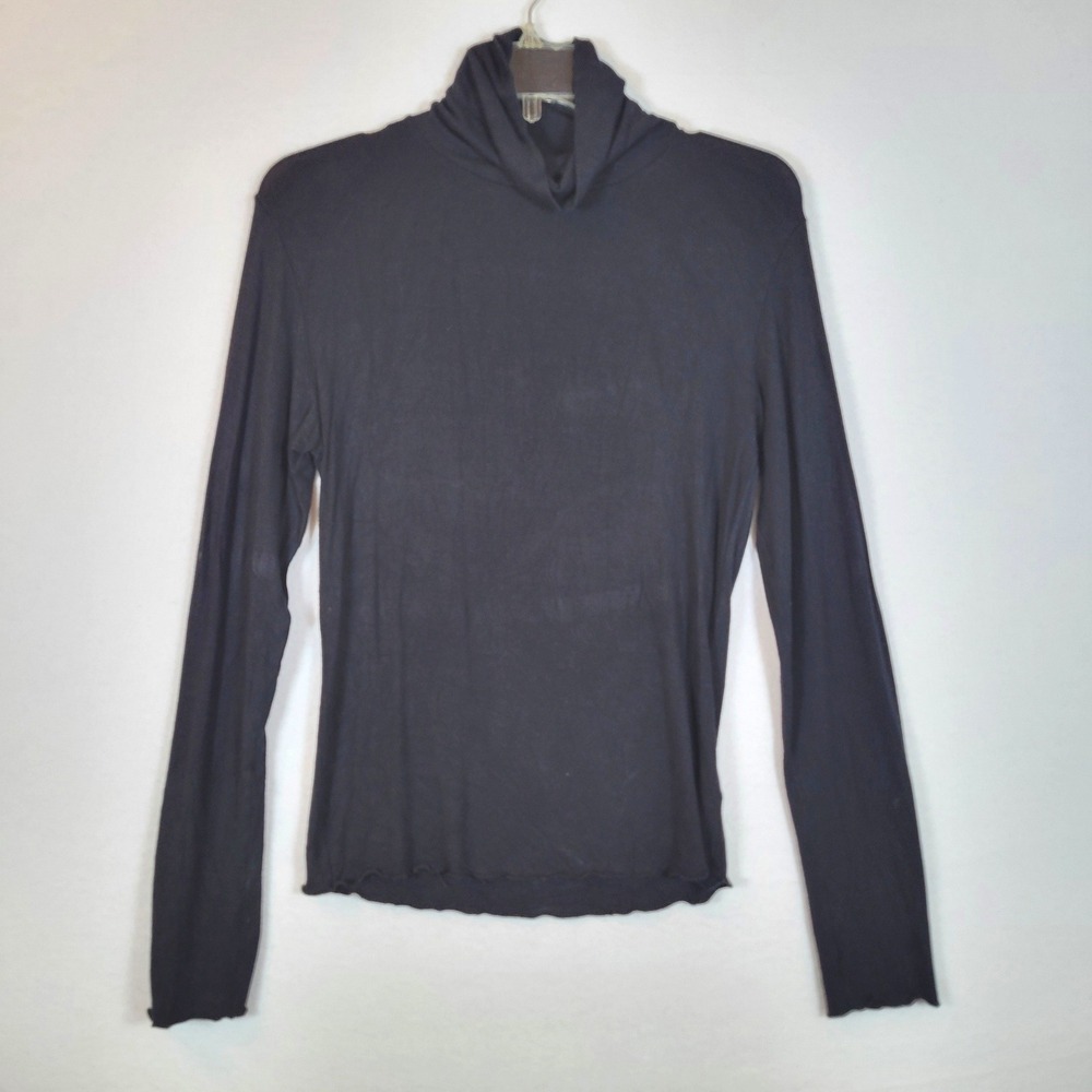 Majestic Paris Women Turtleneck Top Viscose Jersey Lettuce Hem Size 3 Black